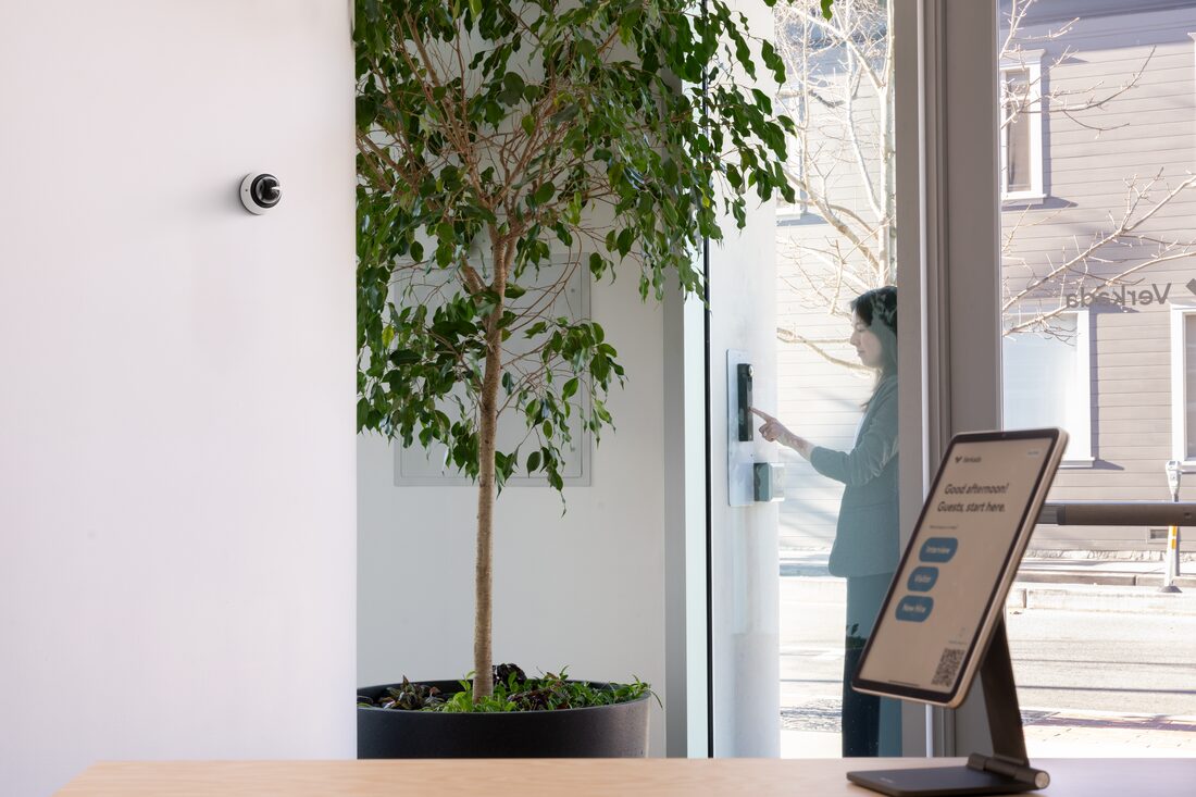 A visitor sign-in kiosk at a building entrance