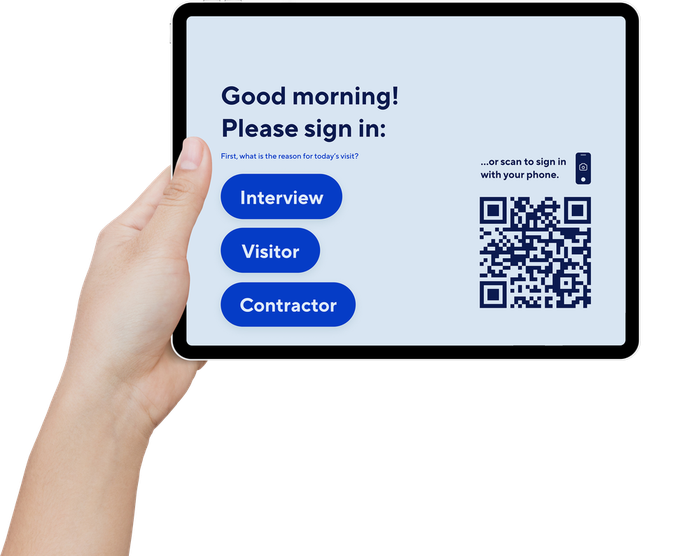 A Verkada Guest visitor sign-in screen on an iPad at a reception desk